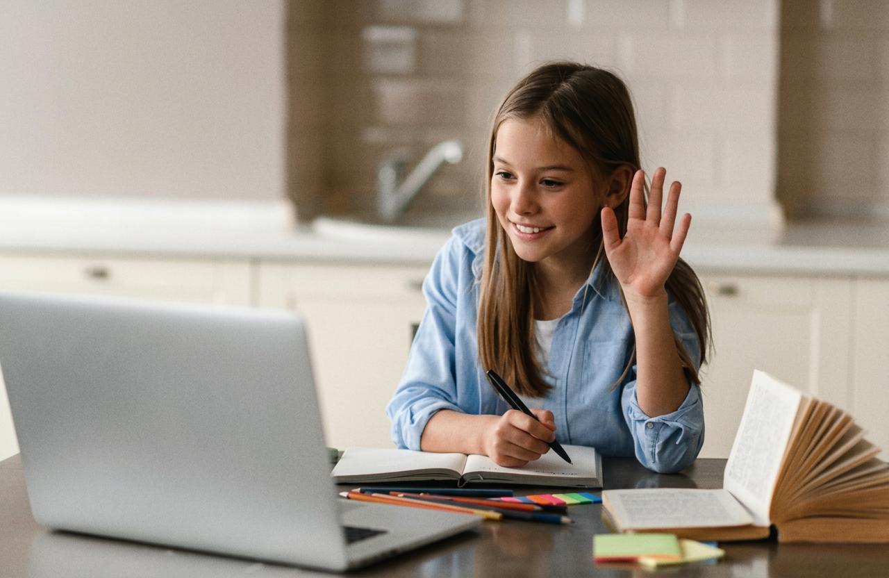 A happy girl waving at her laptop during an online coding lesson